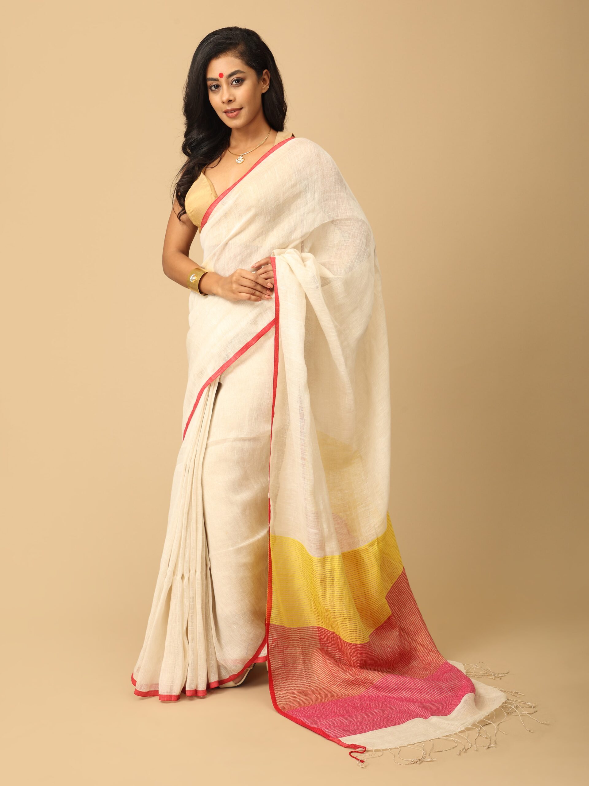 white and red Linen and Zari Saree