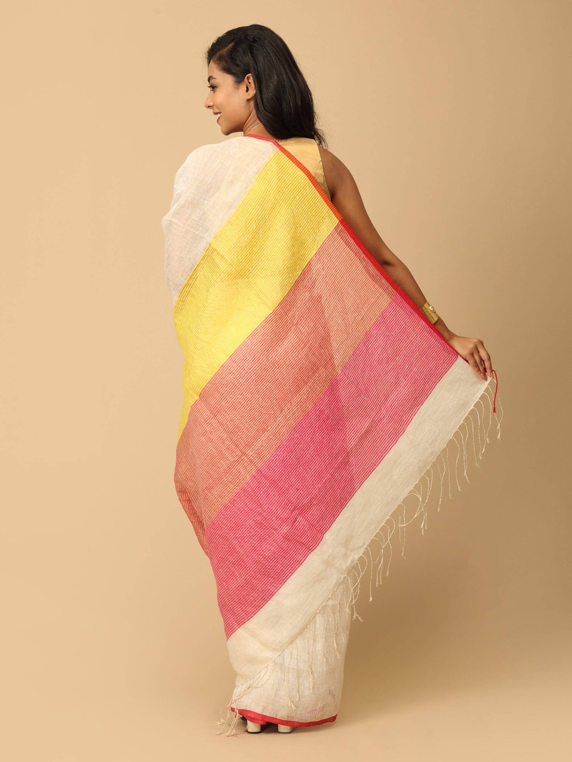 white and red Linen and Zari Saree - Image 5