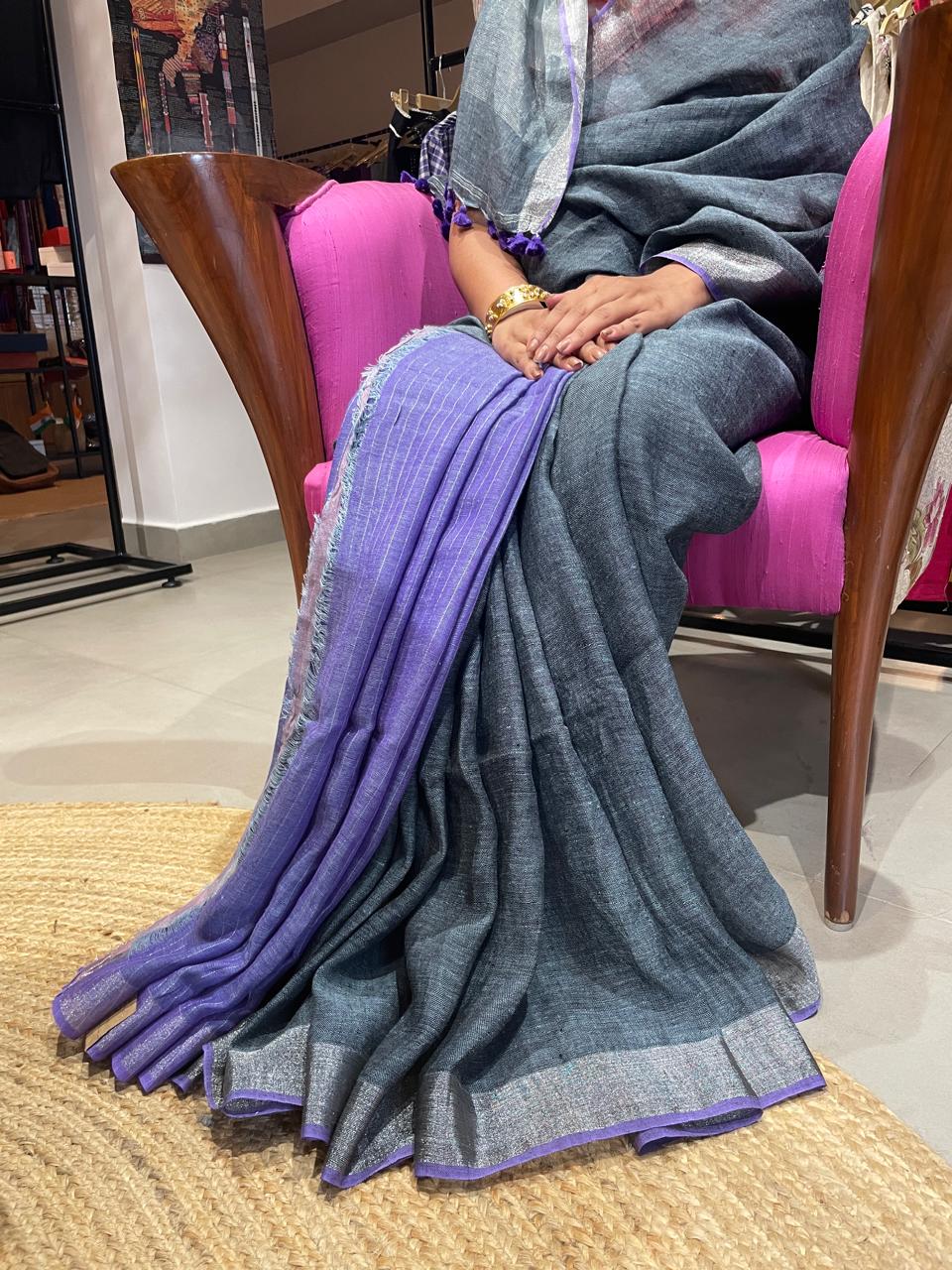 Mudleaf  linen cotton Grey and purple Saree