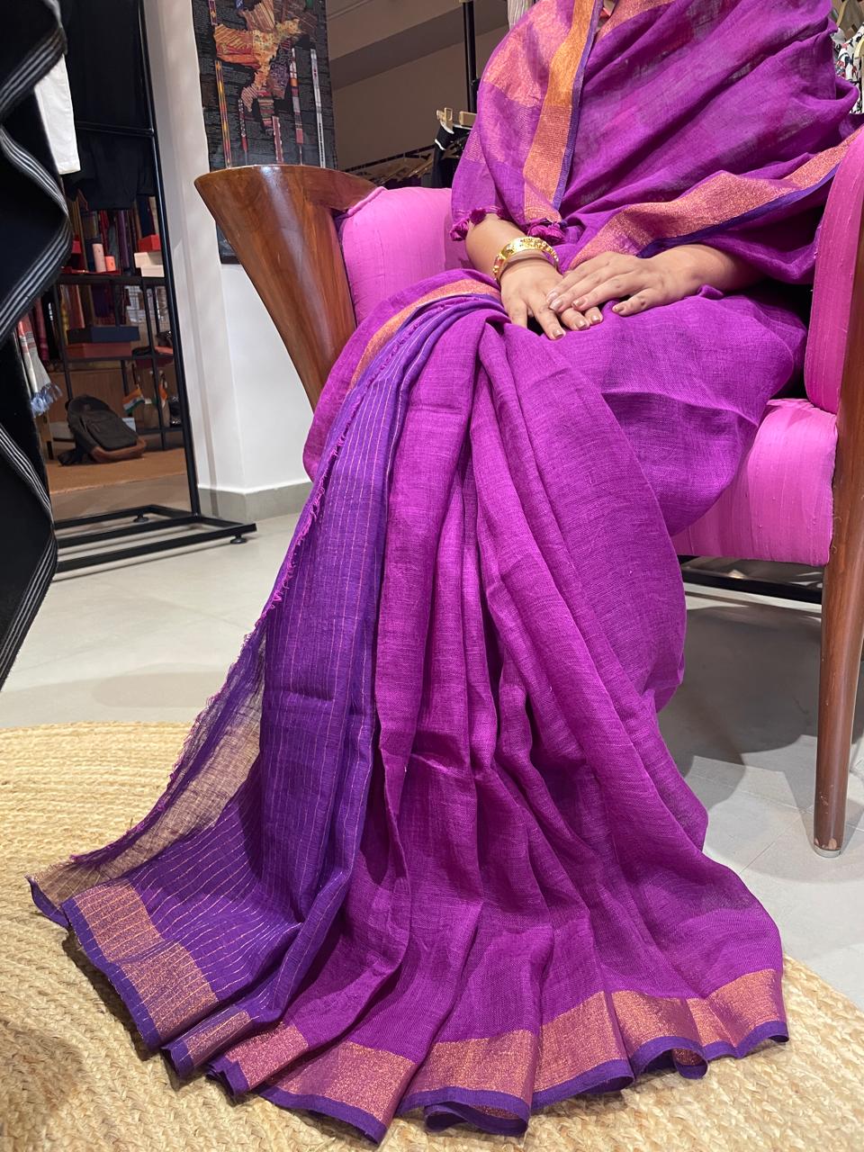 Mudleaf  linen cotton Wine purple Saree