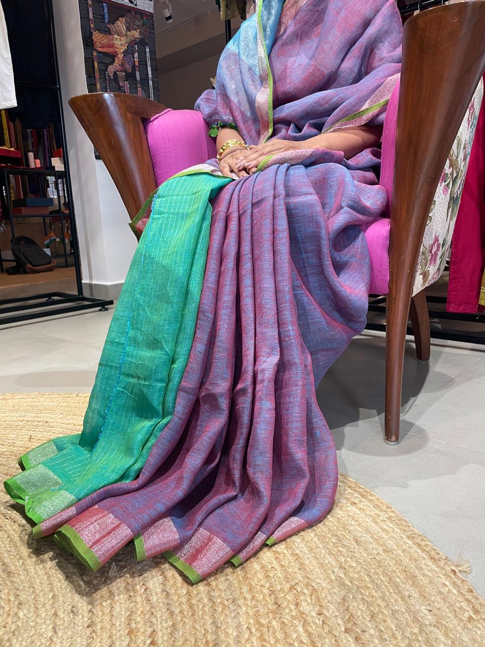 Mudleaf  linen cotton Wine green Saree